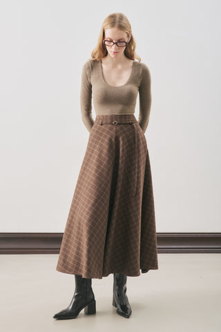 Checked Flared Skirt Brown