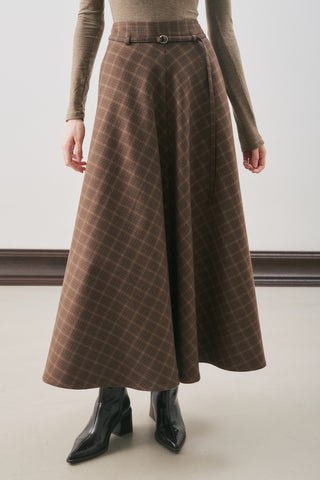 Checked Flared Skirt Brown