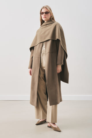 Soft Wool Coat With Scarf Khaki