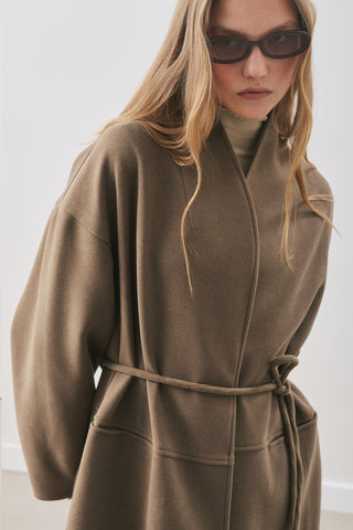 Soft Wool Coat With Scarf Khaki