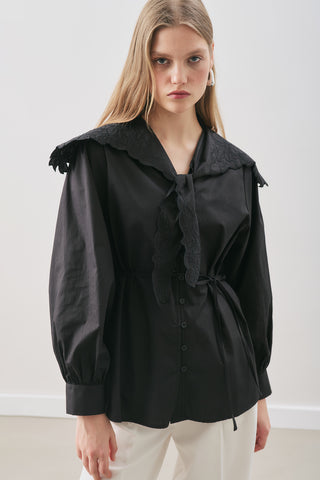 Embroidered Wide-Collar Shirt Black
