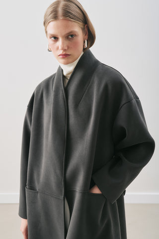 Soft Wool Coat With Scarf Smoky Black