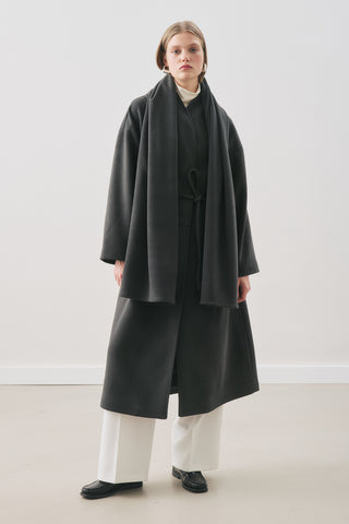 Soft Wool Coat With Scarf Smoky Black
