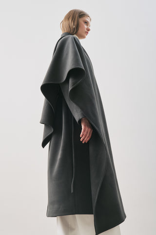 Soft Wool Coat With Scarf Smoky Black