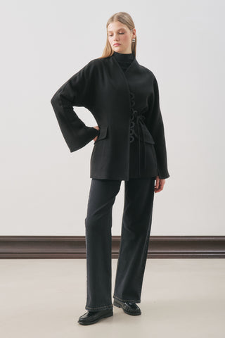 Aroa Tie-Detail Wool Coat Black