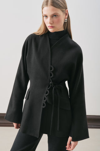 Aroa Tie-Detail Wool Coat Black