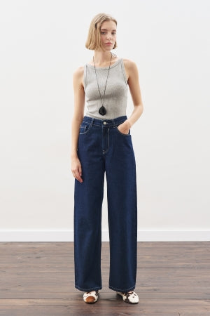 Wide Leg Denim Trousers With Stitch Detail Indigo