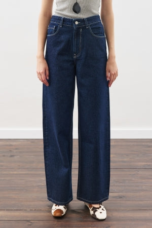 Wide Leg Denim Trousers With Stitch Detail Indigo