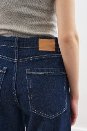 Wide Leg Denim Trousers With Stitch Detail Indigo