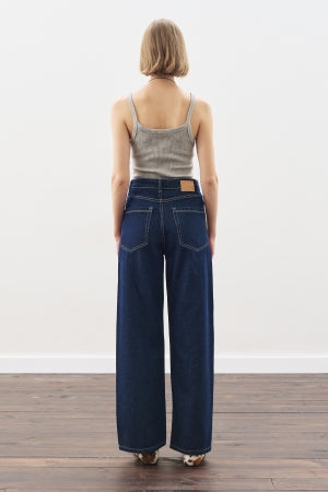 Wide Leg Denim Trousers With Stitch Detail Indigo
