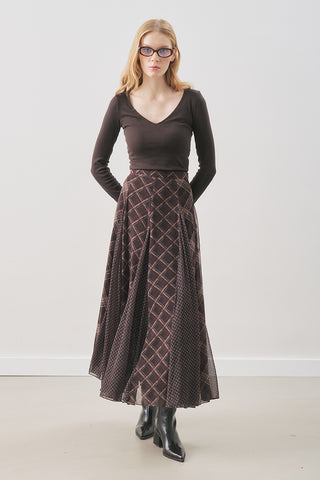 Checked Chiffon Skirt Brown