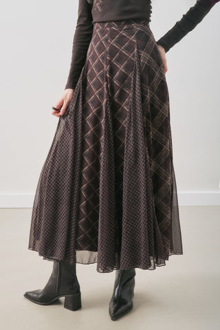 Checked Chiffon Skirt Brown