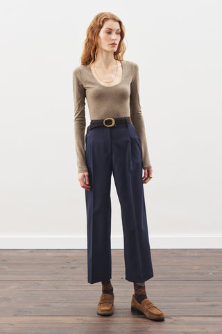 Pleated Straight Trousers Navy Blue