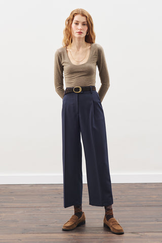 Pleated Straight Trousers Navy Blue