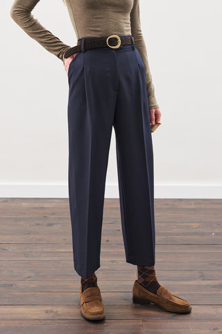 Pleated Straight Trousers Navy Blue