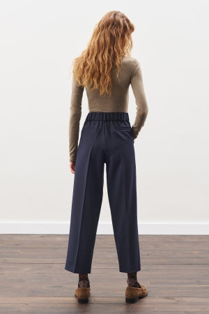 Pleated Straight Trousers Navy Blue