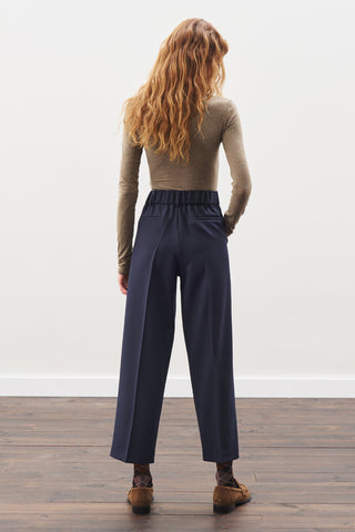 Pleated Straight Trousers Navy Blue