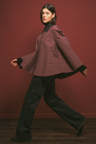 Contrast-Collar Trench Coat Plaıd