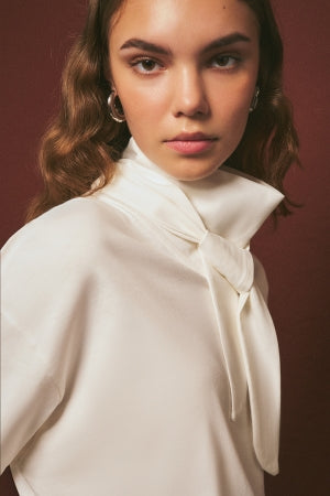 High Neck Tie Blouse Ecru
