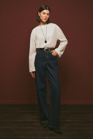 Wide Leg Denim Trousers With Stitch Detail Indigo