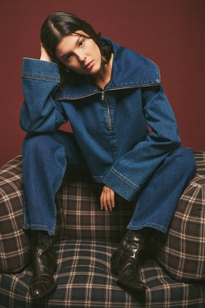 Wide Collar Denim Shirt Dark Blue