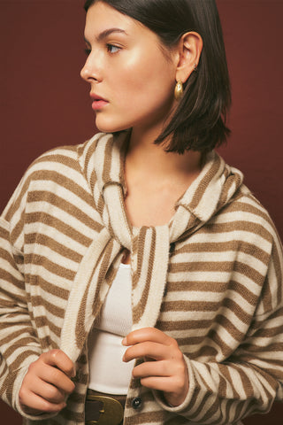 Striped Cardigan With Scarf Detail Beige