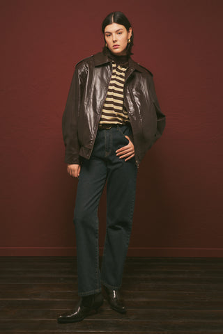 Retro Oversized Leather Jacket Dark Brown