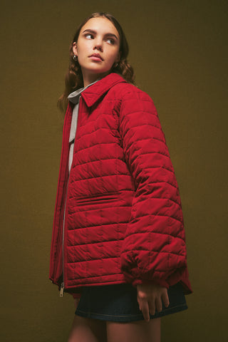 Quilted Jacket With Balloon Sleeves Red