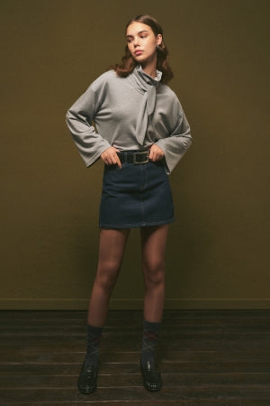 High Neck Tie Blouse Grey Melange