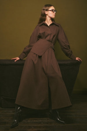 Pleated Belted Dress Brown