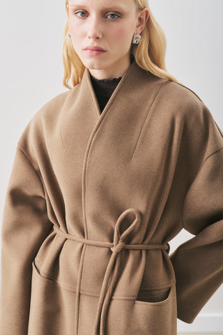 Soft Wool Coat With Scarf Brown