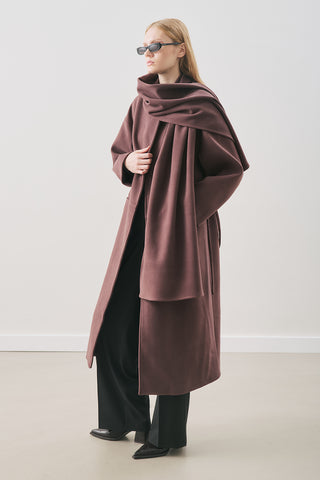 Soft Wool Coat With Scarf Damson
