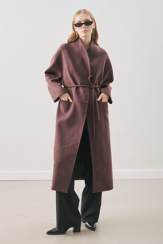 Soft Wool Coat With Scarf Damson