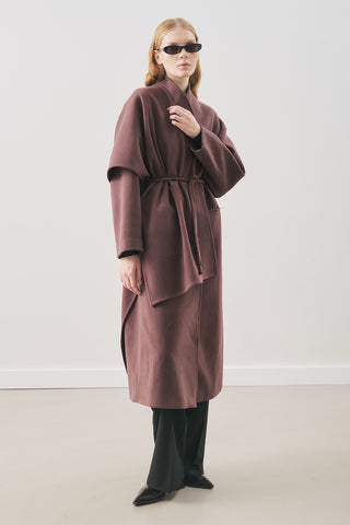 Soft Wool Coat With Scarf Damson
