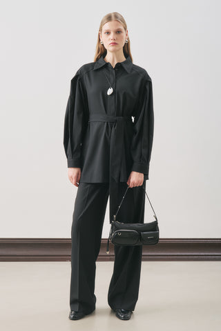 Belted Wide-Sleeve Shirt Black