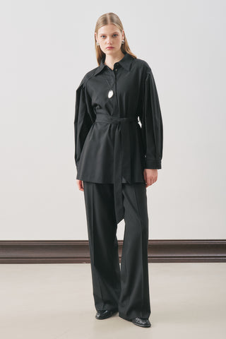 Belted Wide-Sleeve Shirt Black