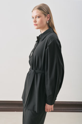 Belted Wide-Sleeve Shirt Black