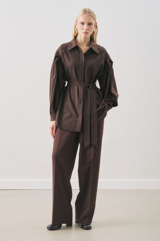 Belted Wide-Sleeve Shirt Dark Brown