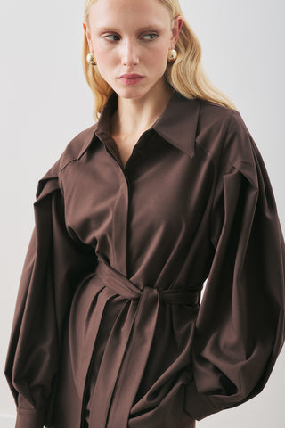 Belted Wide-Sleeve Shirt Dark Brown