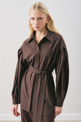 Belted Wide-Sleeve Shirt Dark Brown