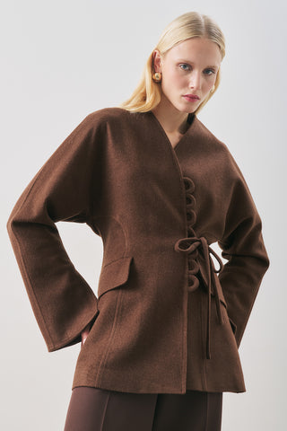 Aroa Tie-Detail Wool Coat Dark Brown
