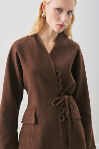Aroa Tie-Detail Wool Coat Dark Brown