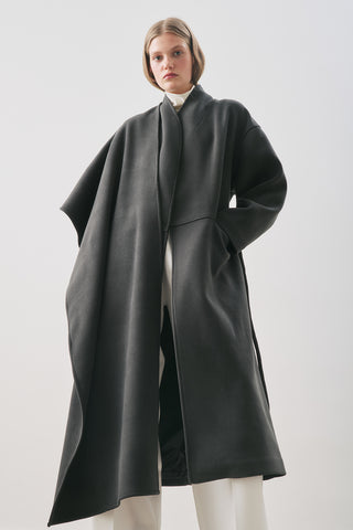 Soft Wool Coat With Scarf Smoky Black