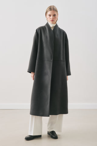 Soft Wool Coat With Scarf Smoky Black