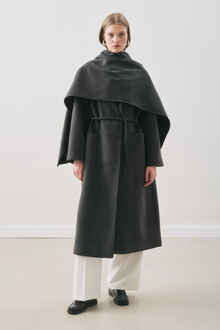 Soft Wool Coat With Scarf Smoky Black