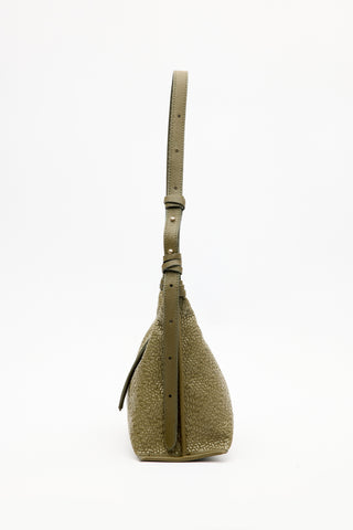 Textured Leather Shoulder Bag Olive Green