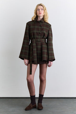 Wide Sleeve Belted Jacket Plaid