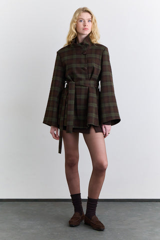 Wide Sleeve Belted Jacket Plaid