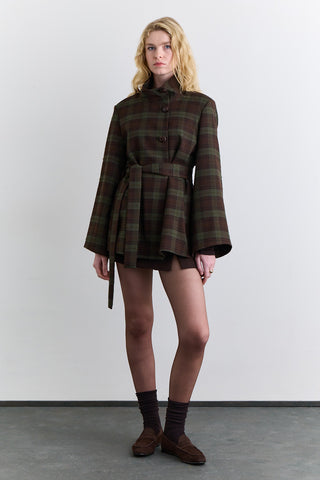 Wide Sleeve Belted Jacket Plaid
