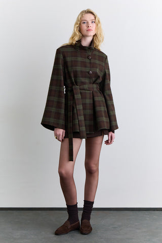Wide Sleeve Belted Jacket Plaid